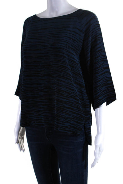 Vince Womens 3/4 Sleeve Striped Crew Neck Top Blouse Black Navy Silk Size Small