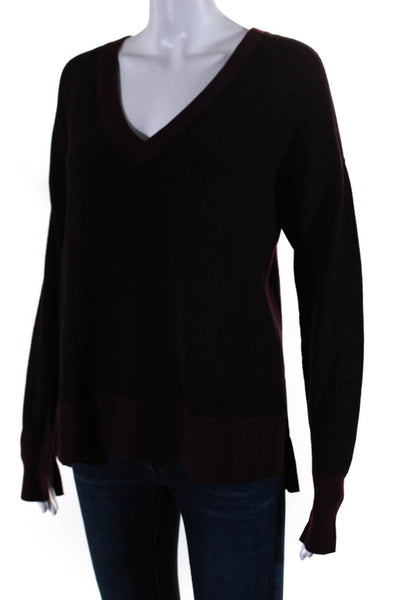 Rag & Bone Jean Womens V Neck Mixed Knit Pullover Sweater Maroon Wool Size Small