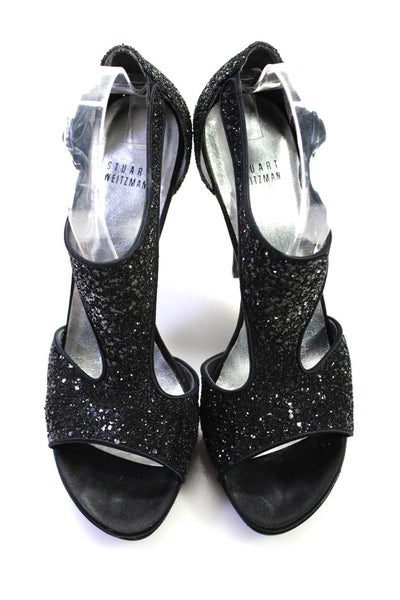 Stuart Weitzman Women's Open Toe Glitter Strappy Stiletto Sandals Black Size 9.5