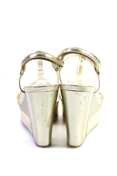 Prada Women's Open Toe Strappy Platform Wedge Sandals Gold Size 8