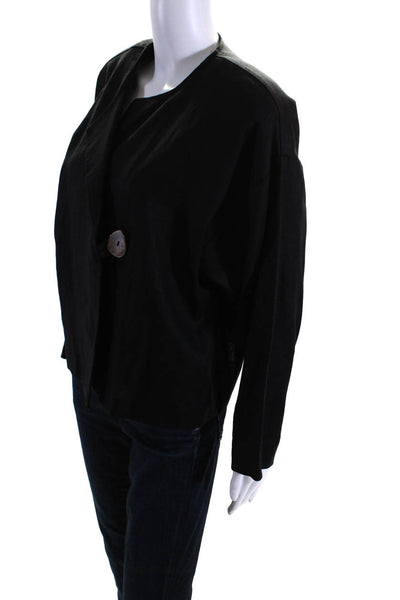Elliot Lauren Womens Linene Round Neck Long Sleeve Button Up Jacket Black Size L