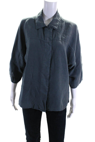 Oska Womens Linene Collared Short Sleeve Button Up Blouse Top Blue Size 2