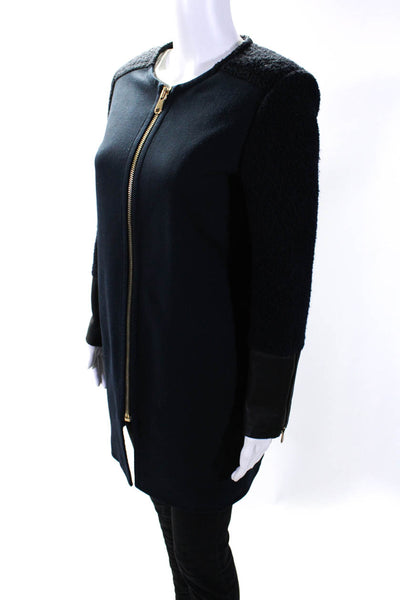 Club Monaco Womens Boucle Sleeve Full Zip Coat Jacket Navy Blue Size Small
