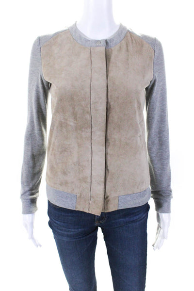 Ecru Womens Suede Round Neck Long Sleeved Snap Closure Jacket Gray Tan Size XS