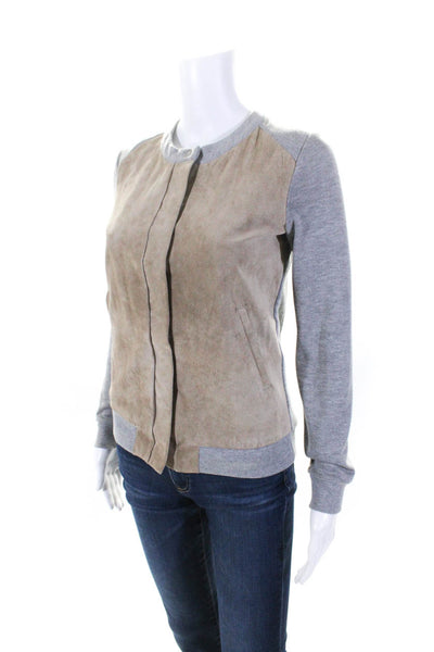 Ecru Womens Suede Round Neck Long Sleeved Snap Closure Jacket Gray Tan Size XS