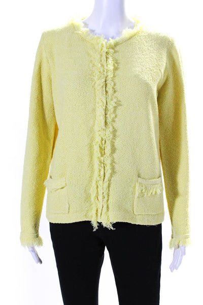 Prada Womens Boucle Knit Fringe Snap Crew Neck Jacket Yellow Size IT 46