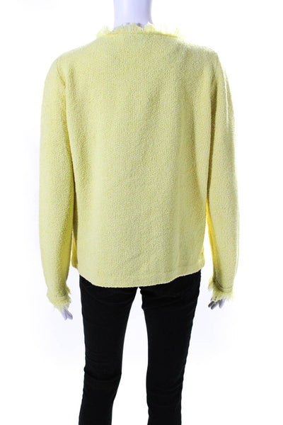 Prada Womens Boucle Knit Fringe Snap Crew Neck Jacket Yellow Size IT 46