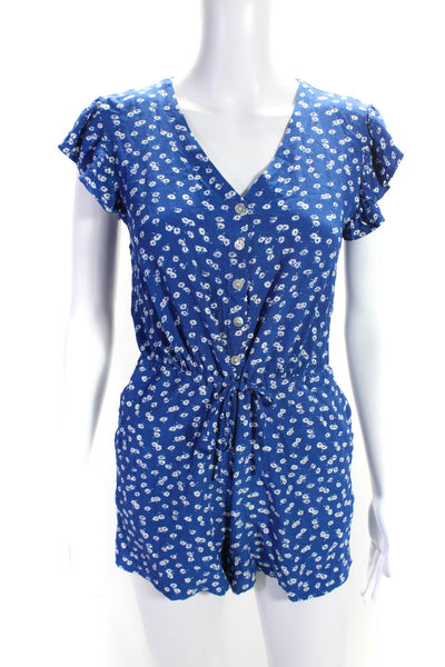 Rails Womens Blue Floral Print Button V-Neck Short Sleeve Romper Size XS