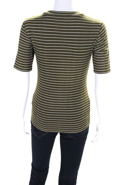 Vince Womens Striped Print Half Sleeve Crewneck Shirt Dark Green White Size S