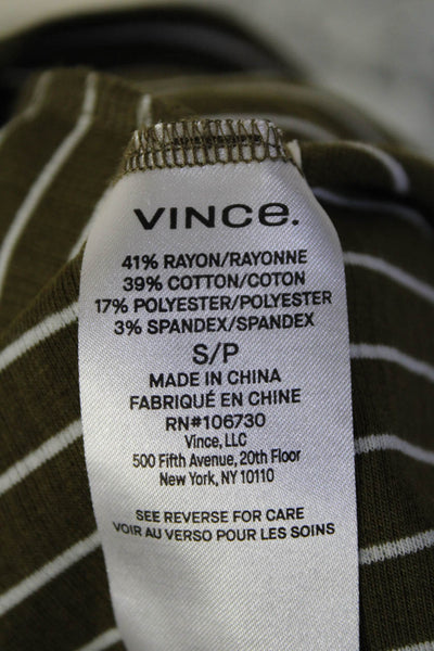 Vince Womens Striped Print Half Sleeve Crewneck Shirt Dark Green White Size S