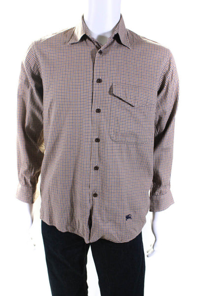 Burberrys Mens Long Sleeve Check Button Up Shirt Brown Beige Size Small