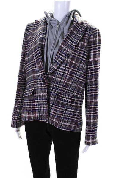 Central Park West Womens Plaid Print Layered Zipped Hooded Jacket Purple Size L