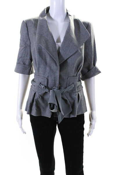 Escada Womens Wool V Neck Short Sleeve Belted Jacket Gray Size 38