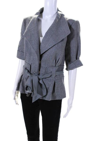Escada Womens Wool V Neck Short Sleeve Belted Jacket Gray Size 38