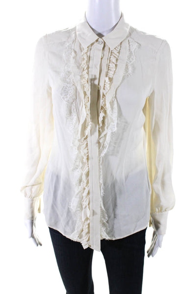 Escada Womens Lace Ruffled Long Sleeved Collared Buttoned Blouse Cream Size 34