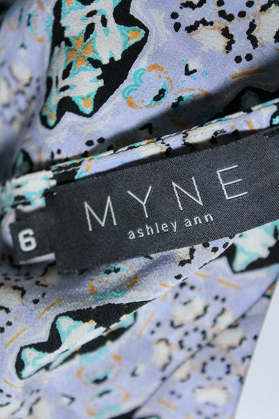 Myne Womens Silk Patterned Short Sleeved Cutout Blouse Purple Blue White Size 6