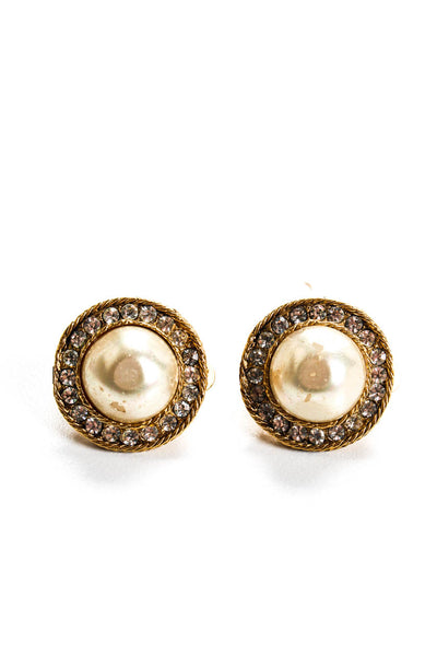 Chanel Womens Vintage Gold Tone Strass & Faux Mabe Pearl Clip On Earrings 1982