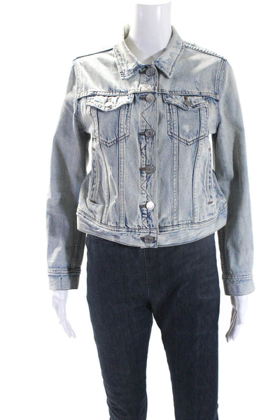 J Crew Indigo Womens Distressed Button Up Collared Jean Jacket Blue Size PM