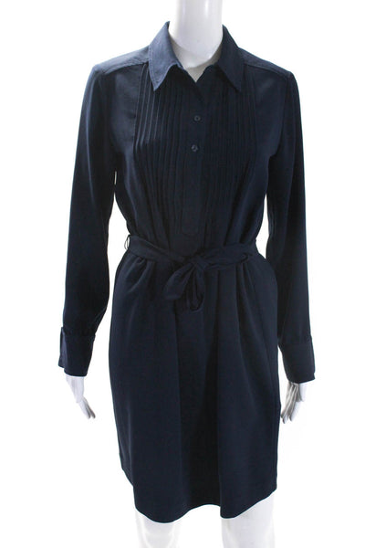 Trina Turk Womens Pleated Belted Collared Long Sleeve Dress Navy Size XS