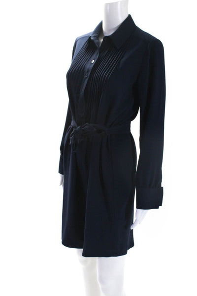Trina Turk Womens Pleated Belted Collared Long Sleeve Dress Navy Size XS