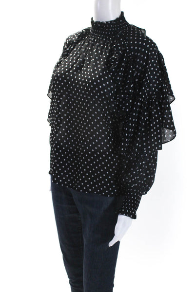 Maje Womens Black Polka Dot Ruffle High Neck Long Sleeve Blouse Top Size 2