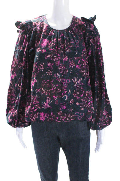 Ulla Johnson Womens Pink/Blue Floral Print Ruffle Long Sleeve Blouse Top Size 4