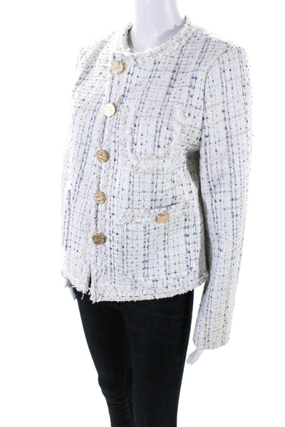 Monte Cervino Womens Metallic Tweed Button Up Jacket White Blue Gold Size Large