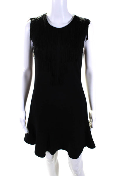 BCBGMAXAZRIA Women's Round Neck Sleeveless Fringe Tiered Mini Dress Black Size S