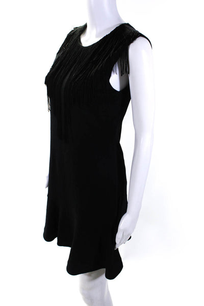 BCBGMAXAZRIA Women's Round Neck Sleeveless Fringe Tiered Mini Dress Black Size S