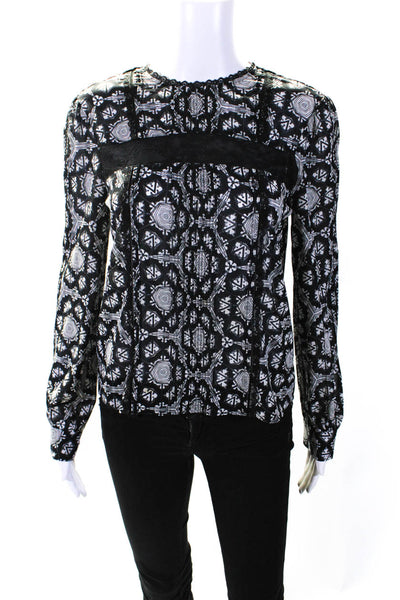 Alice + Olivia Womens Long Sleeve Crew Neck Lace Trim Silk Top Black White Small