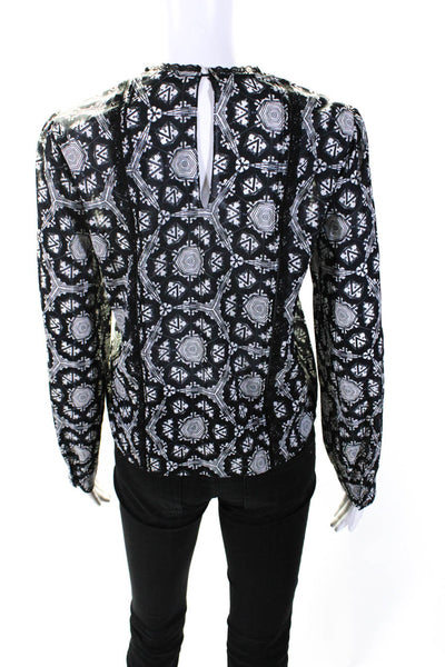 Alice + Olivia Womens Long Sleeve Crew Neck Lace Trim Silk Top Black White Small