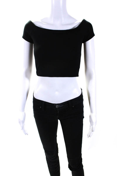 Alice + Olivia Womens Back Zip Short Sleeve Cropped Shirt Black Size Extra Small