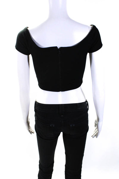 Alice + Olivia Womens Back Zip Short Sleeve Cropped Shirt Black Size Extra Small