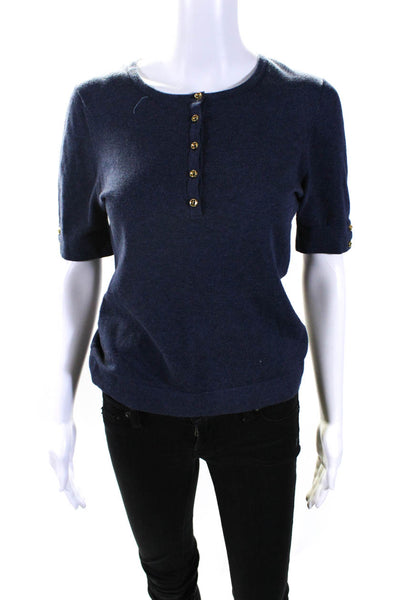 Minnie Rose Womens Short Sleeves Crew Neck Sweater Blue Cotton Size Medium