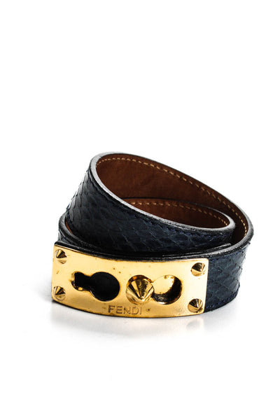 Fendi Womens Blue Snakeskin Gold Tone Double Wrap Bracelet