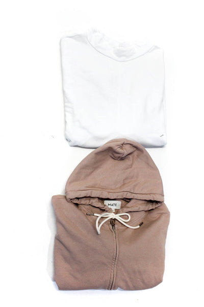 Mate Women's Hood Long Sleeves Full Zip Pockets Sweatshirt Tan Size L Lot 2