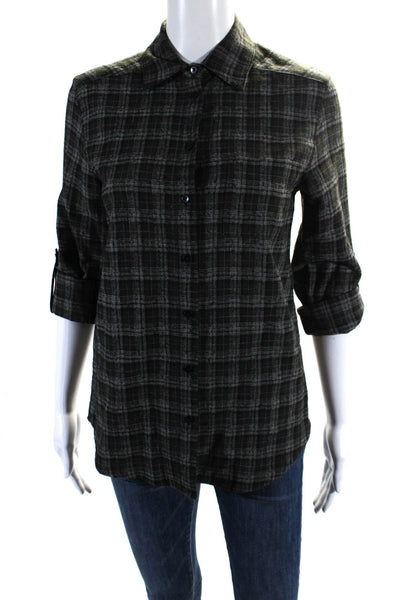 Alice + Olivia Womens Button Front 3/4 Sleeve Plaid Shirt Gray Wool Size XS
