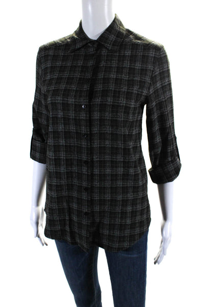 Alice + Olivia Womens Button Front 3/4 Sleeve Plaid Shirt Gray Wool Size XS