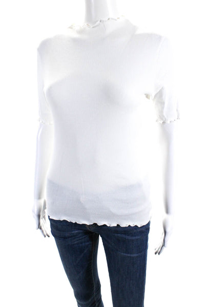 Frame Womens Short Sleeve Crew Neck Ribbed Knit Tee Shirt White Cotton Size XS