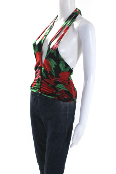 AFRM Womens Floral Print Tied Pullover Backless Ruched Halter Blouse Red Size S