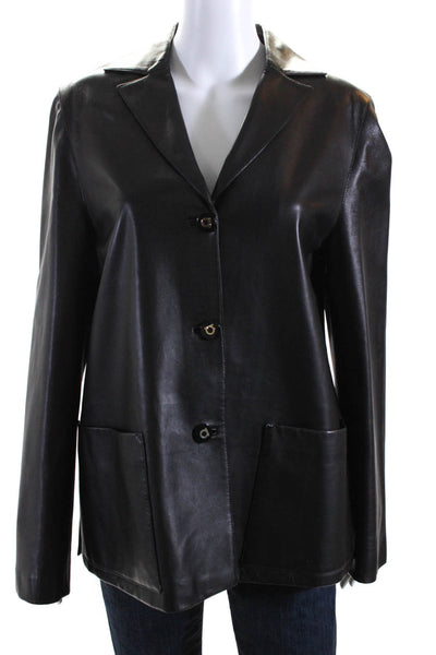 Salvatore Ferragamo Womens Leather Silk Lined Button Down Jacket Black Size 10