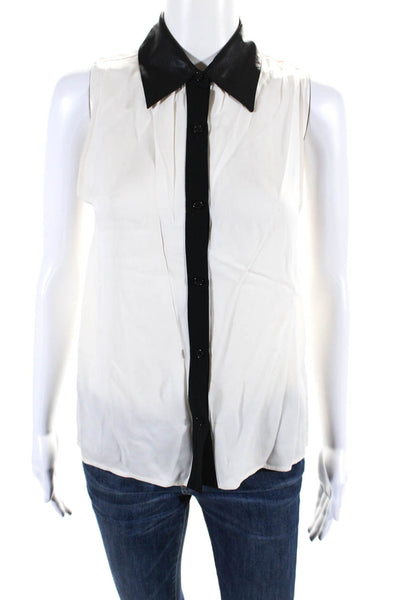 Alice + Olivia Womens Button Front Leather Trim Silk Top White Black Size XS
