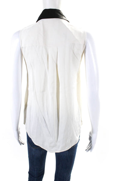 Alice + Olivia Womens Button Front Leather Trim Silk Top White Black Size XS
