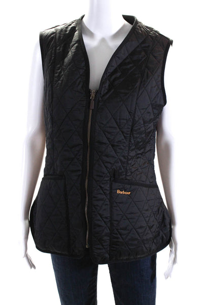 Barbour Womens Quilted V-Neck Zip Up Mid-Length Outerwear Vest Black Size 10