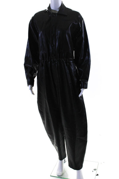 Agolde Womens Vegan Leather Collared Long Sleeve Button Up Jumpsuit Black Size 2