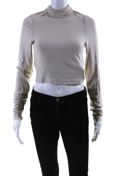 The Range Womens Stretch Long Sleeve Cropped Turtleneck Top Beige Size L