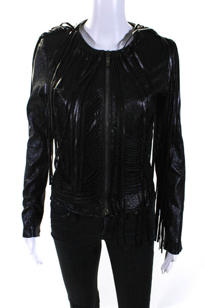 Nour Hammour Womens Leather Full Zipper Fringe Biker Jacket Black Size EUR 36