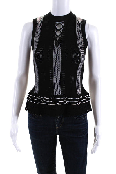 10 Crosby Derek Lam Womens Striped Print Knit Ruffled Tank Blouse Black Size S