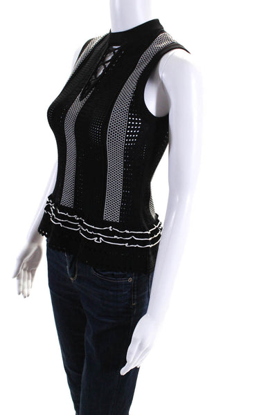 10 Crosby Derek Lam Womens Striped Print Knit Ruffled Tank Blouse Black Size S
