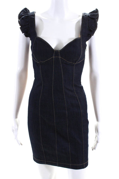 Cinq A Sept Womens Dark Wash Darted Ruffled Strap Zipped Denim Dress Blue Size 2